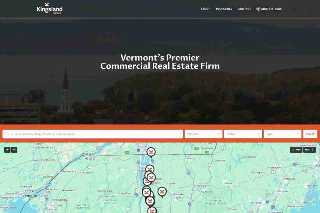 Kingsland Company website. Commercial real estate listings in Vermont with interactive property map and search tools.
